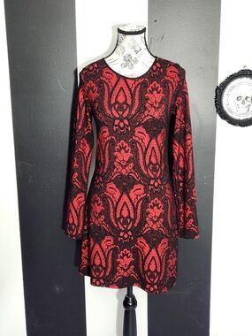 Arianne Red and Black Damask Long-Sleeve Dress